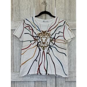 Zara White Graphic Tee Crew Neck Short Sleeve Women's Size Small